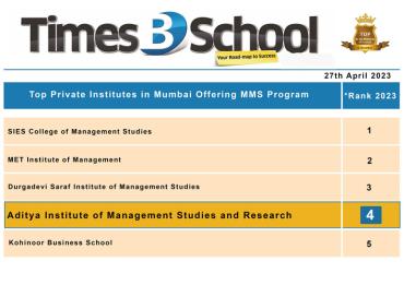 Ranked 4th among the Top Private Institutes in Mumbai Offering MMS Program by TImes B-School Survey 2023